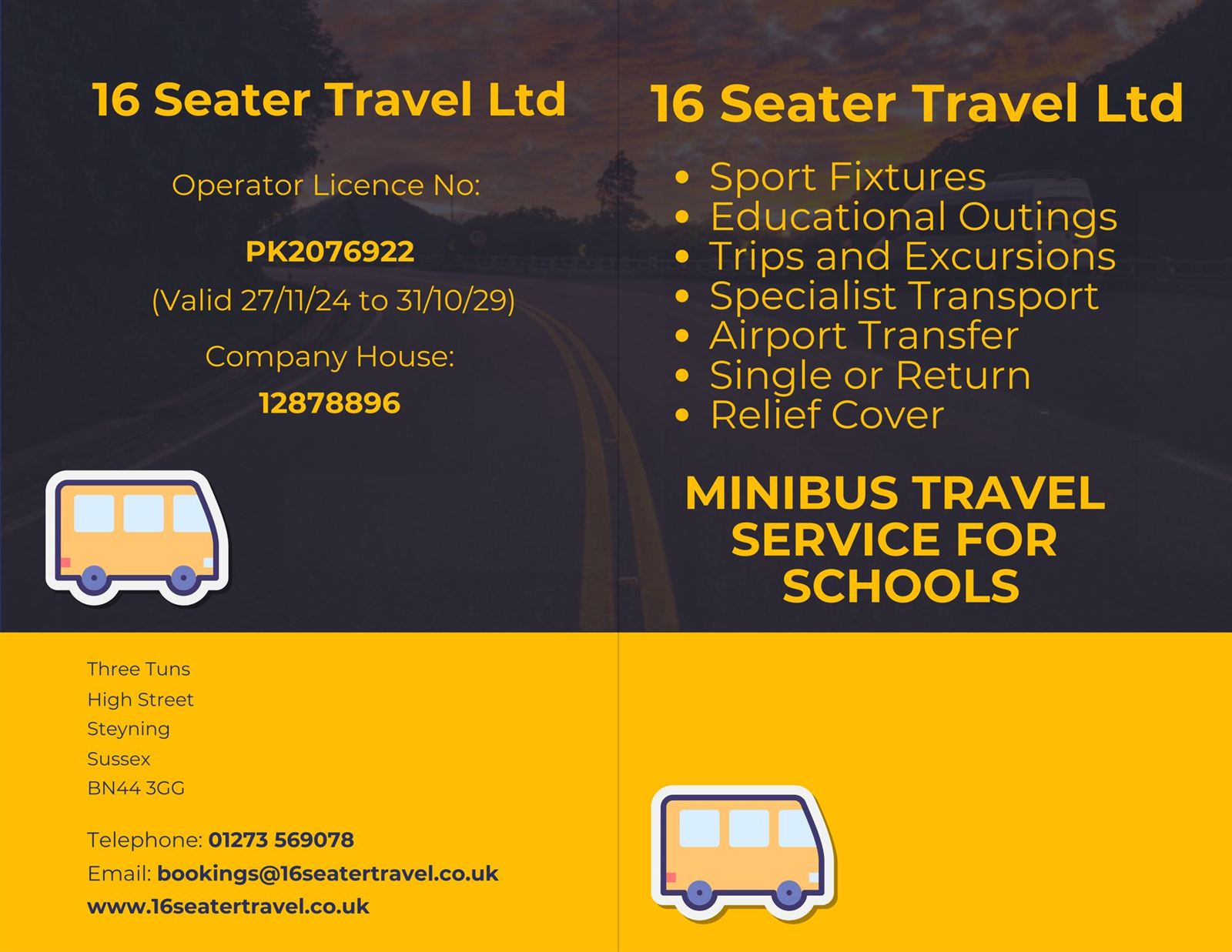 School booklet cover: 16 Seater Travel Ltd, minibus travel service for schools