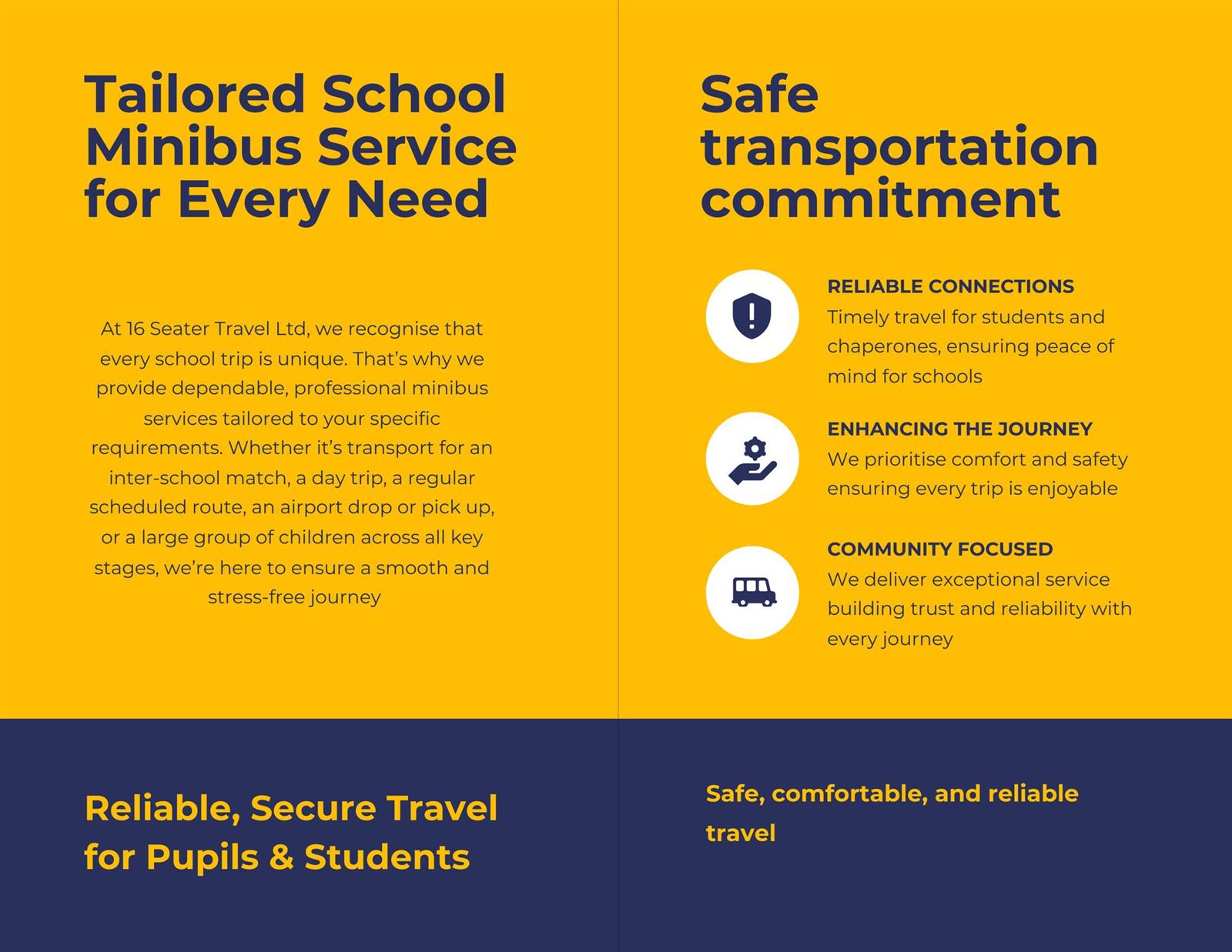 School booklet: tailored school minibus service and safe transportation commitment
