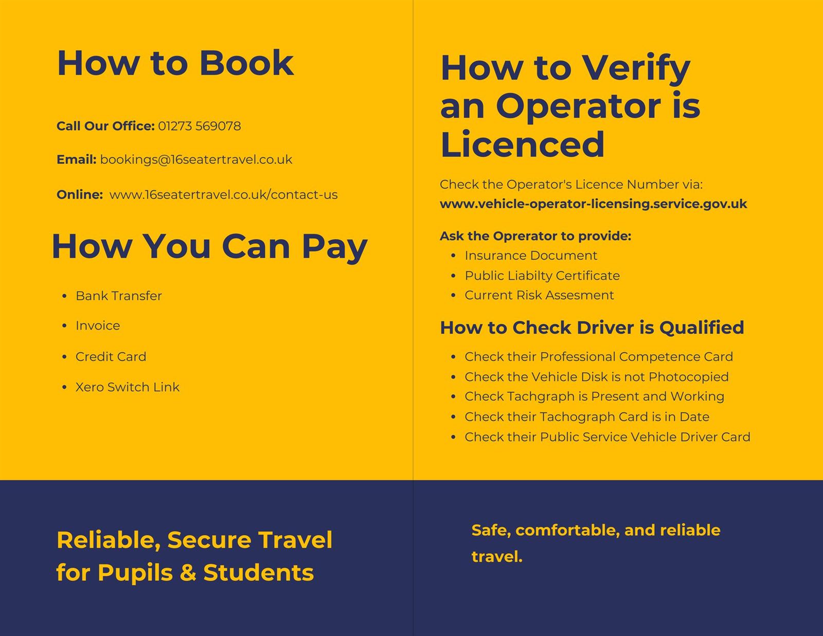 School booklet: how to book, how to pay and how to check an operator is licensed